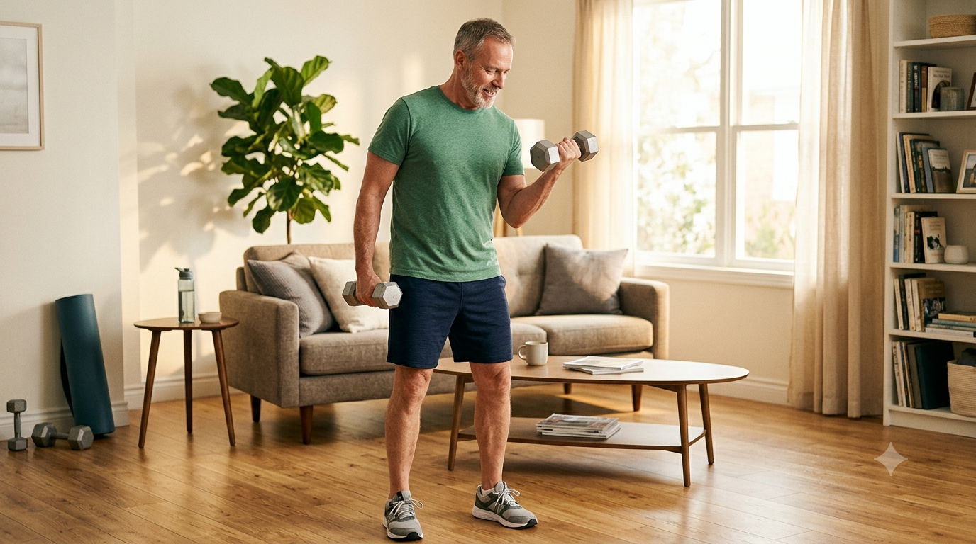 Active man in 60s lifting dumbbells at home — Advanced Amino Formula sarcopenia muscle loss review