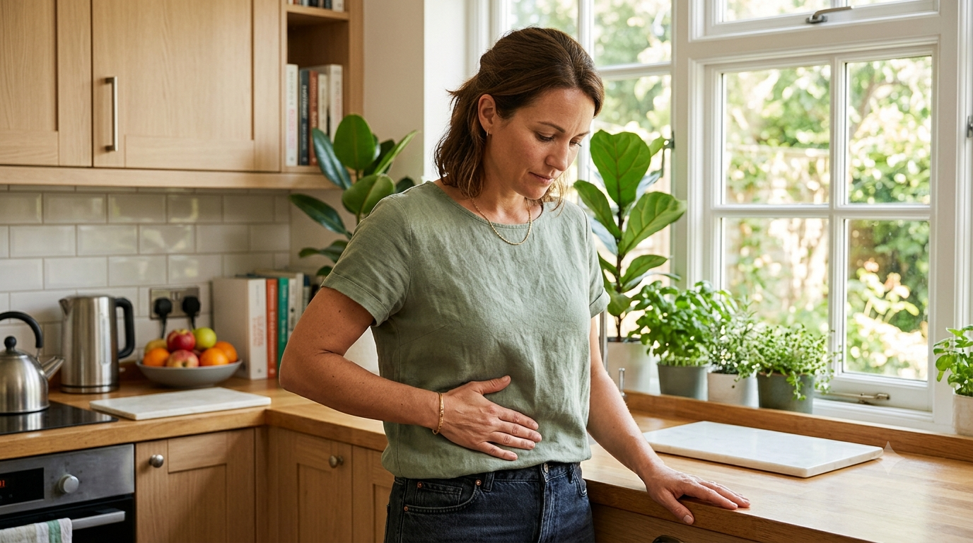 Woman holding stomach in kitchen — CleanseSana gut cleanse and digestive restoration review