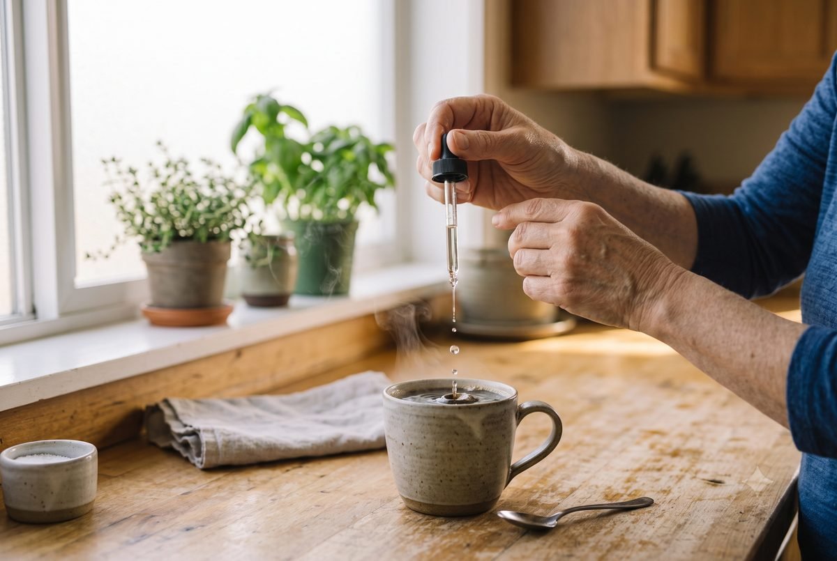 Adding Metabo Drops to morning coffee
