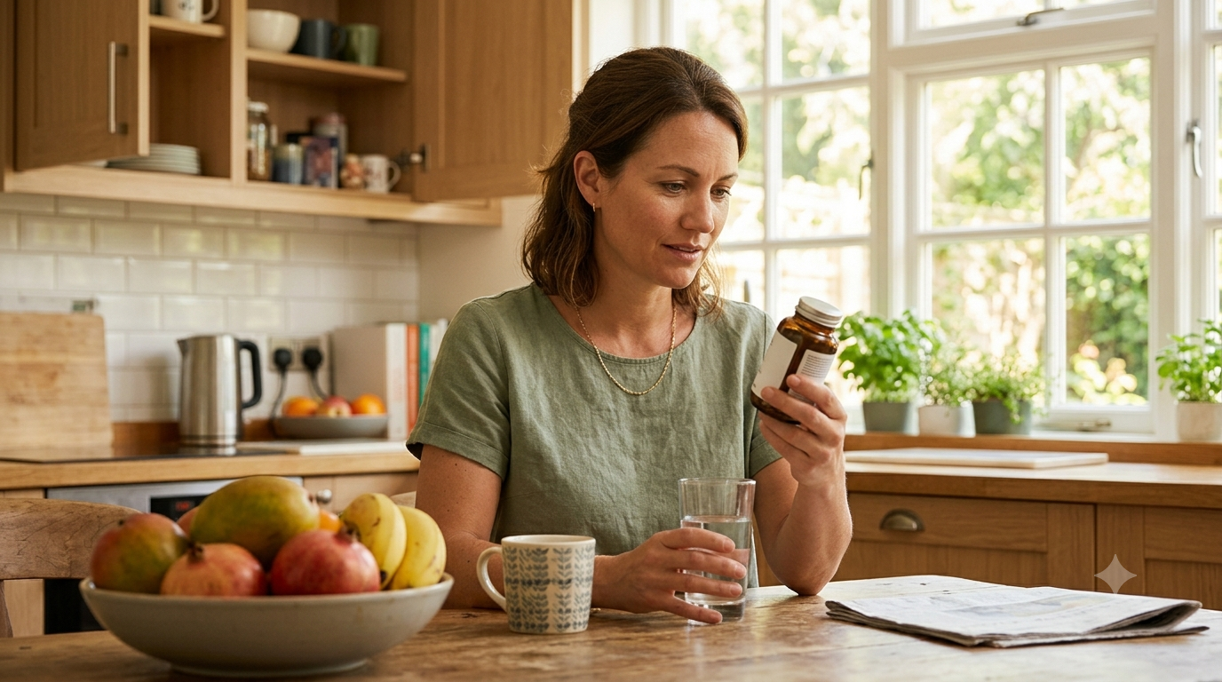 Woman reading supplement bottle in kitchen — Metaleve berberine blood sugar review