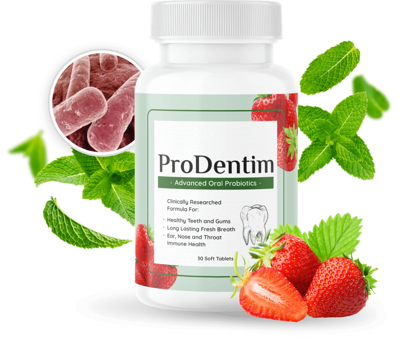 ProDentim oral probiotic bottle with strawberries, mint, and a probiotic bacteria close-up