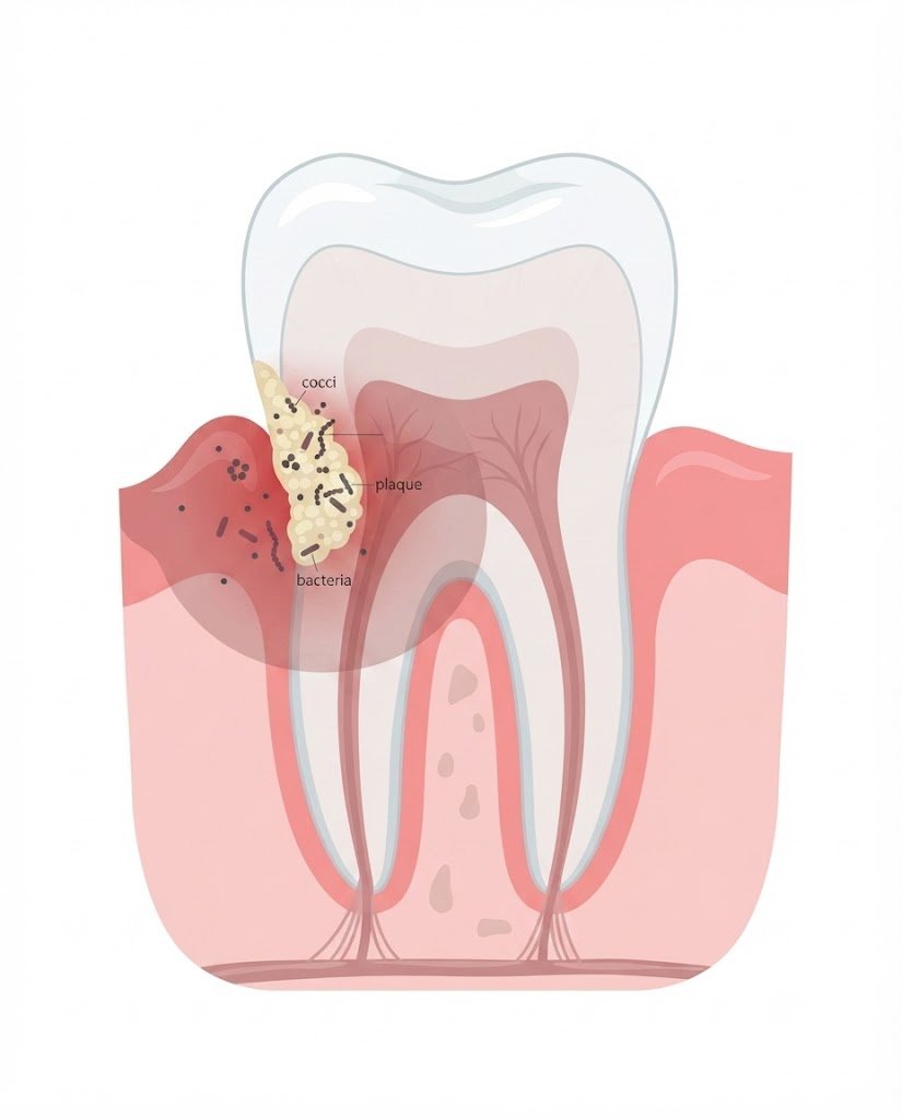 Cross-section diagram of a tooth and gum showing plaque buildup, bacteria, and gum inflammation