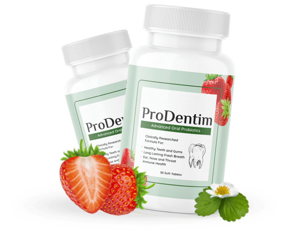 Two ProDentim bottles with fresh strawberries, strawberry-flavored chewable formula