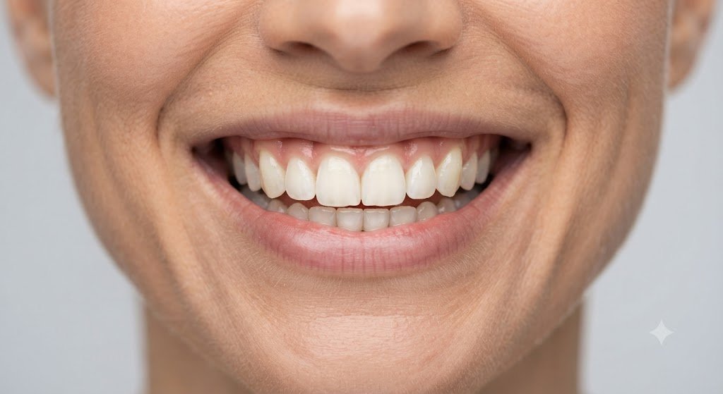 Close-up of a big, healthy smile showing bright white teeth